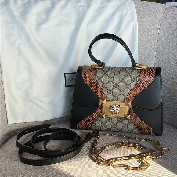 GUCCI Medium GG Supreme Osiride Python Trim Top Handle Bag - Picture 1 of 16